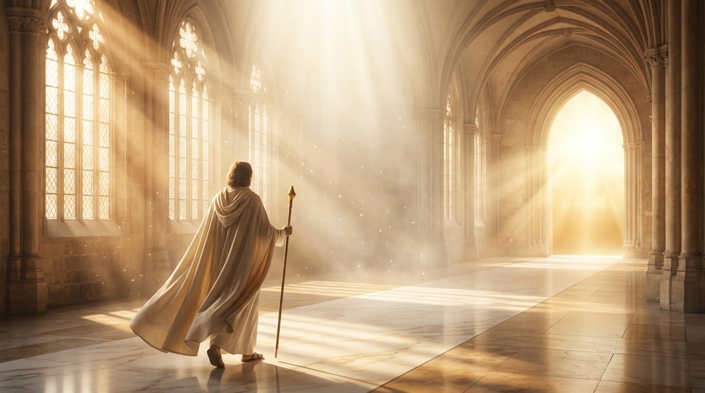 Soft golden light streaming through a cathedral as a believer walks forward in faith